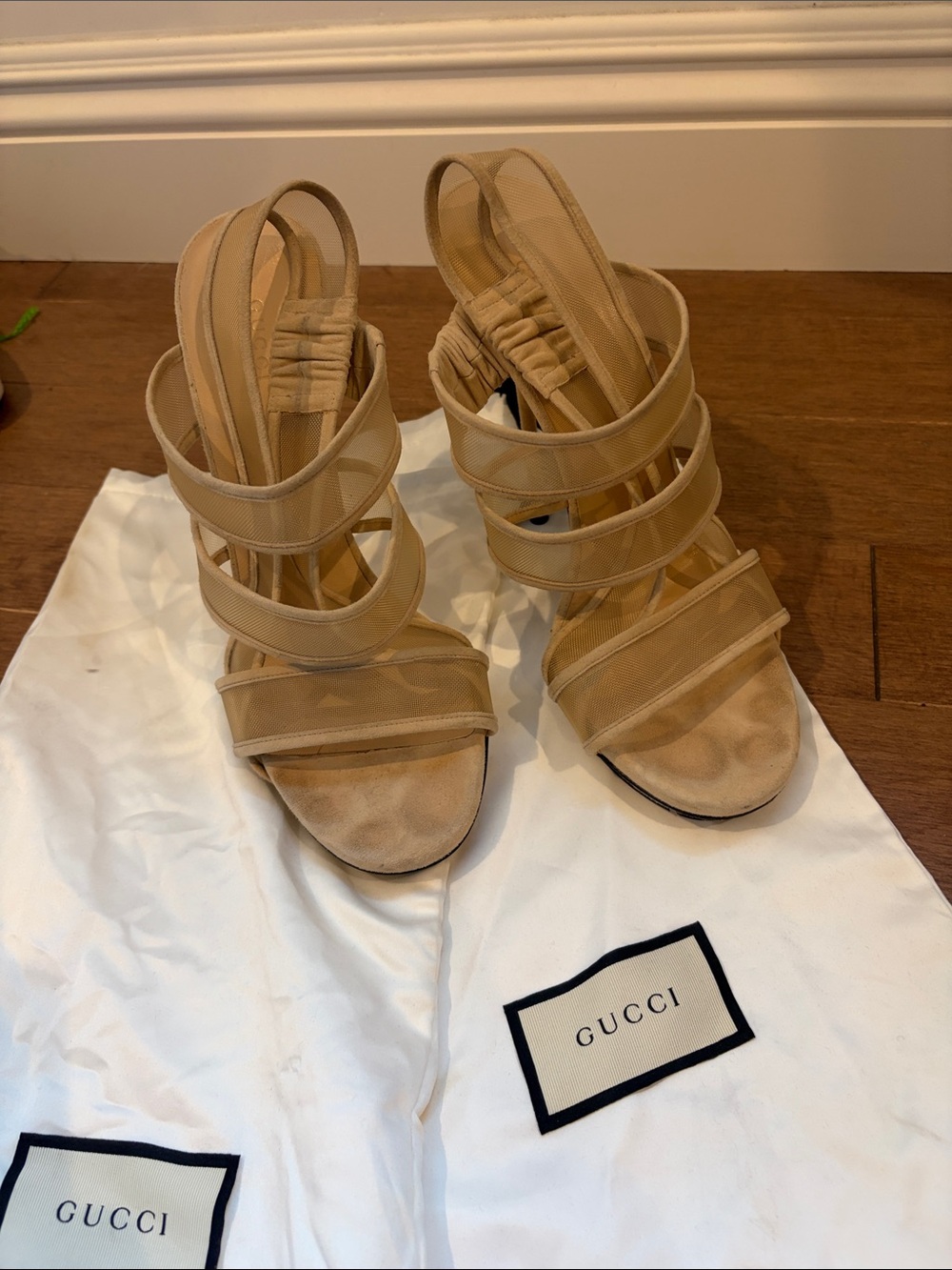 Gucci Beige Multi-Strap Mesh and Suede Stilettos Sz. 40